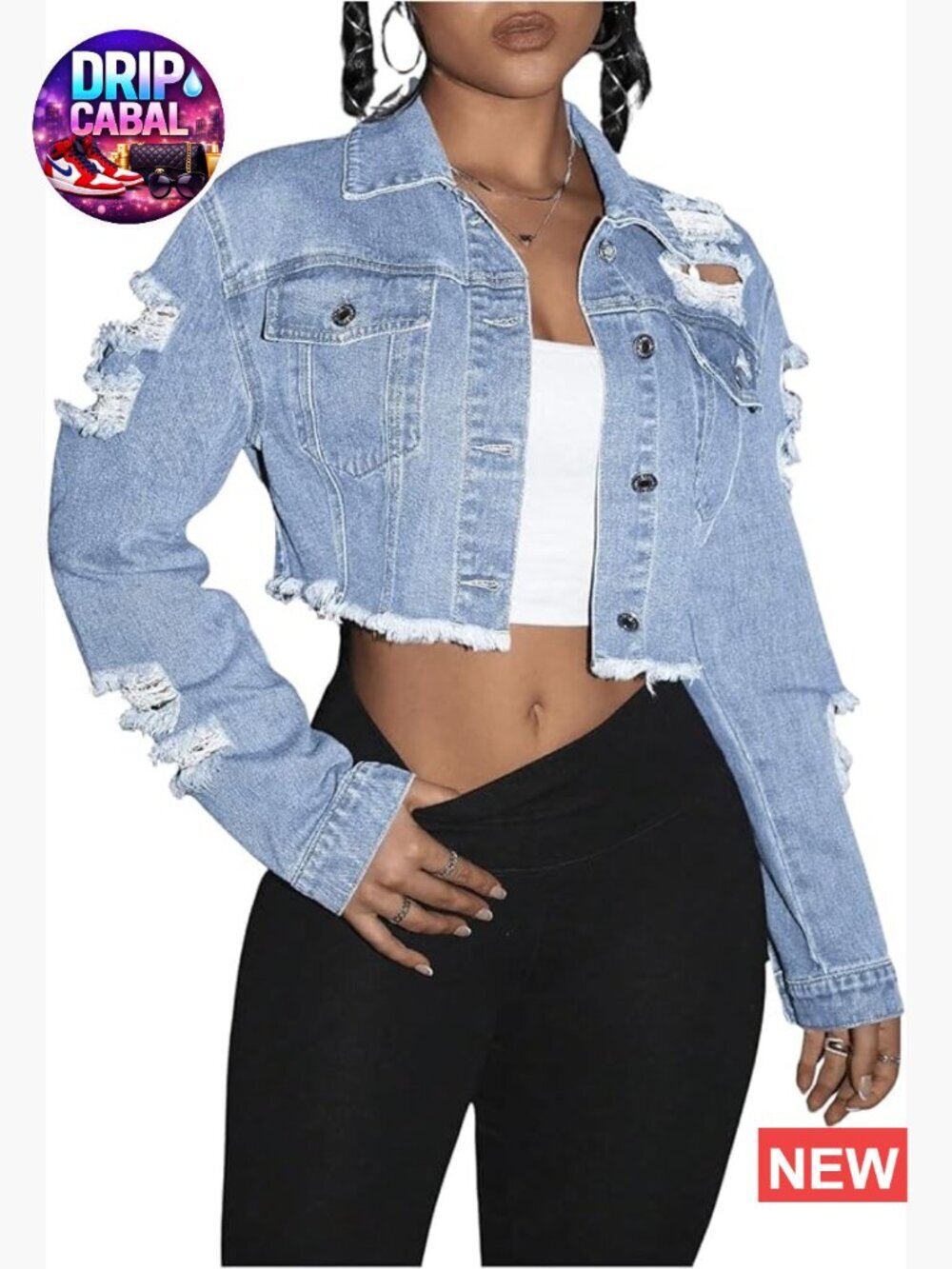 Distressed Button Down Denim Jacket Raw Hem Y2k Cropped Jean Jacket